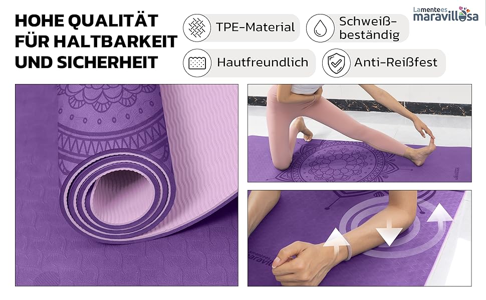 Килимок для гімнастики та йоги LA MENTE ES MARAVILLOSA з TPE, 183x61 см. Зручний для фітнесу, пілатесу, з сумкою та інструкцією. Захищає суглоби, для занять в приміщенні та на вулиці. Мандала, ліловий + рожевий
