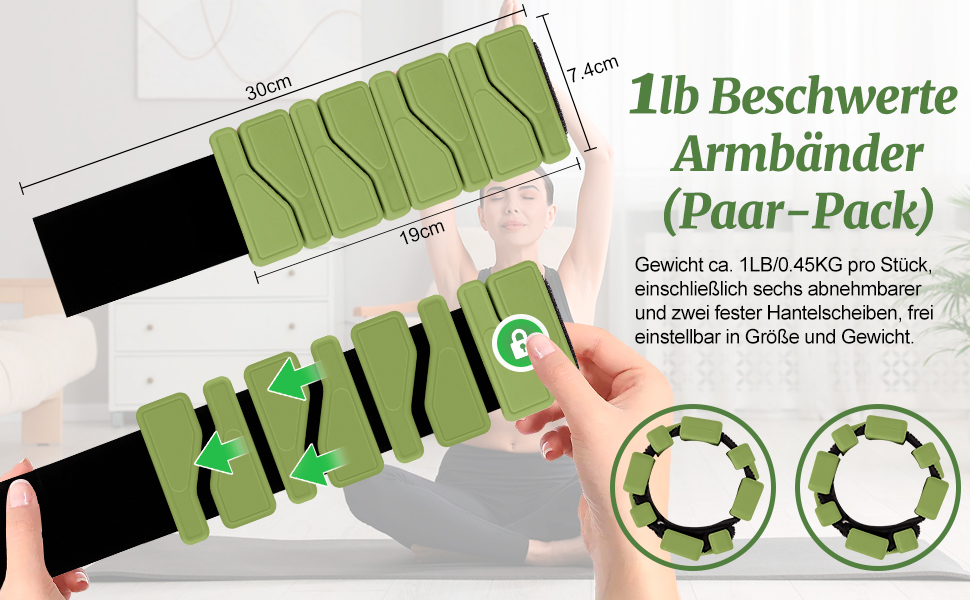Набір манжет для збільшення ваги 2 шт. (0,46 кг кожна), регульовані ваги для зап'ястя, фітнес-браслети з вагою, ваги для ніг для танців, балету, пілатесу, кардіо, аеробіки, ходьби, зелені