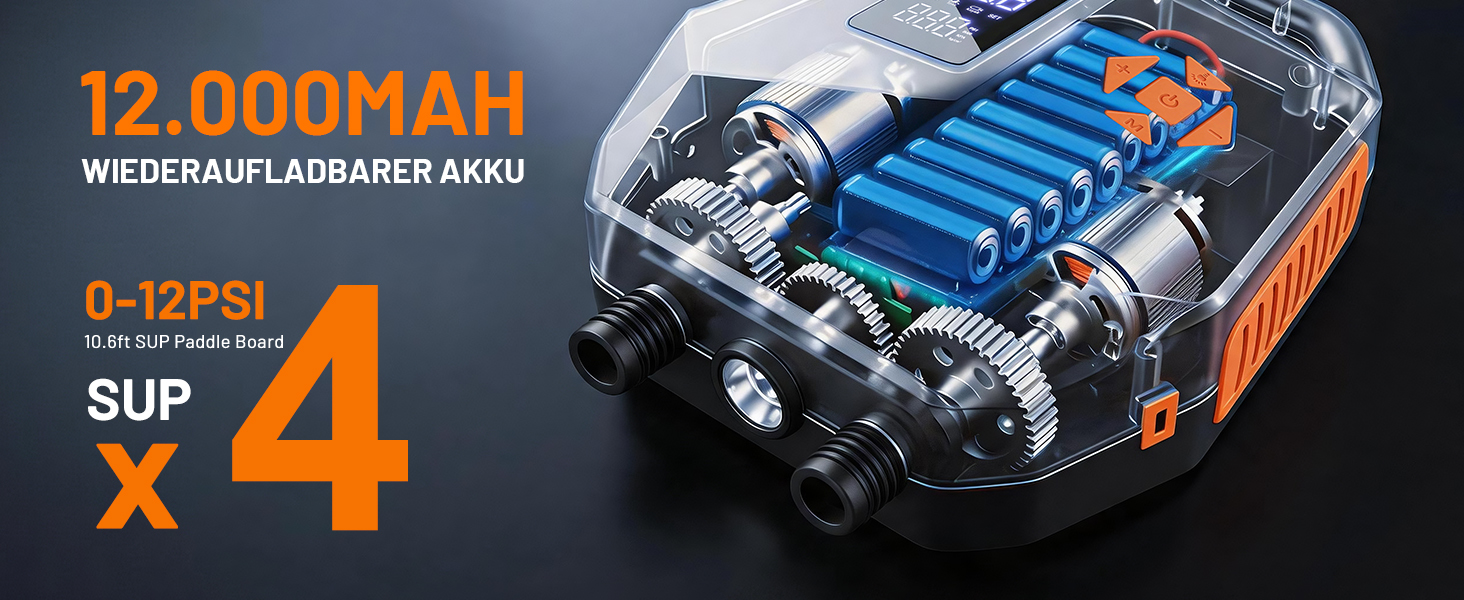 Електричний насос для SUP дошки з акумулятором 20PSI, Hochdruck, з автовимкненням та Type-C зарядкою