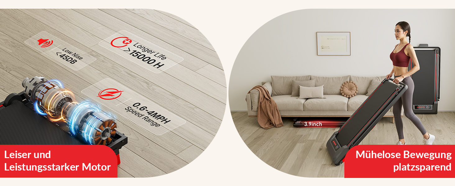 Біговий доріжки з нахилом 5%, компактний під стіл для дому та офісу, портативна бігова машина з LED дисплеєм, пульт дистанційного керування, вантажопідйомність 150 кг, 2.5HP тихий двигун (Чорний/Червоний)