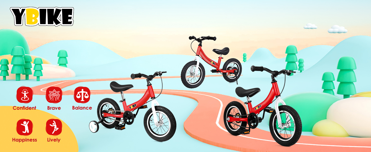 YBIKE 2-в-1 Біговел та Велосипед для дітей 1-7 років, 12/14/16 дюймів, з гальмом та педалями