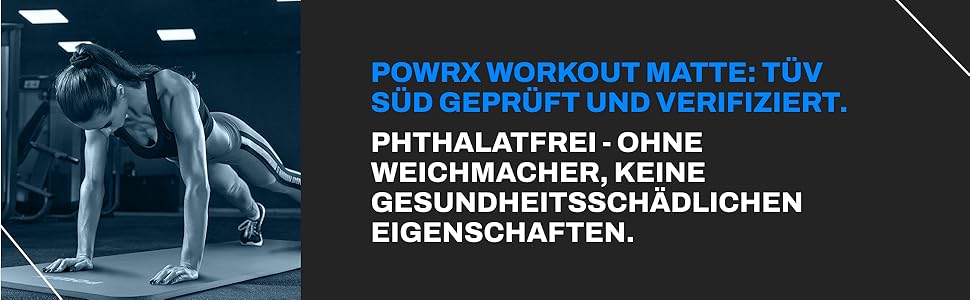 Гімнастичний килимок POWRX для йоги, пілатесу та фітнесу, нековзний, без фталатів, з ременем, сумкою та постером вправ