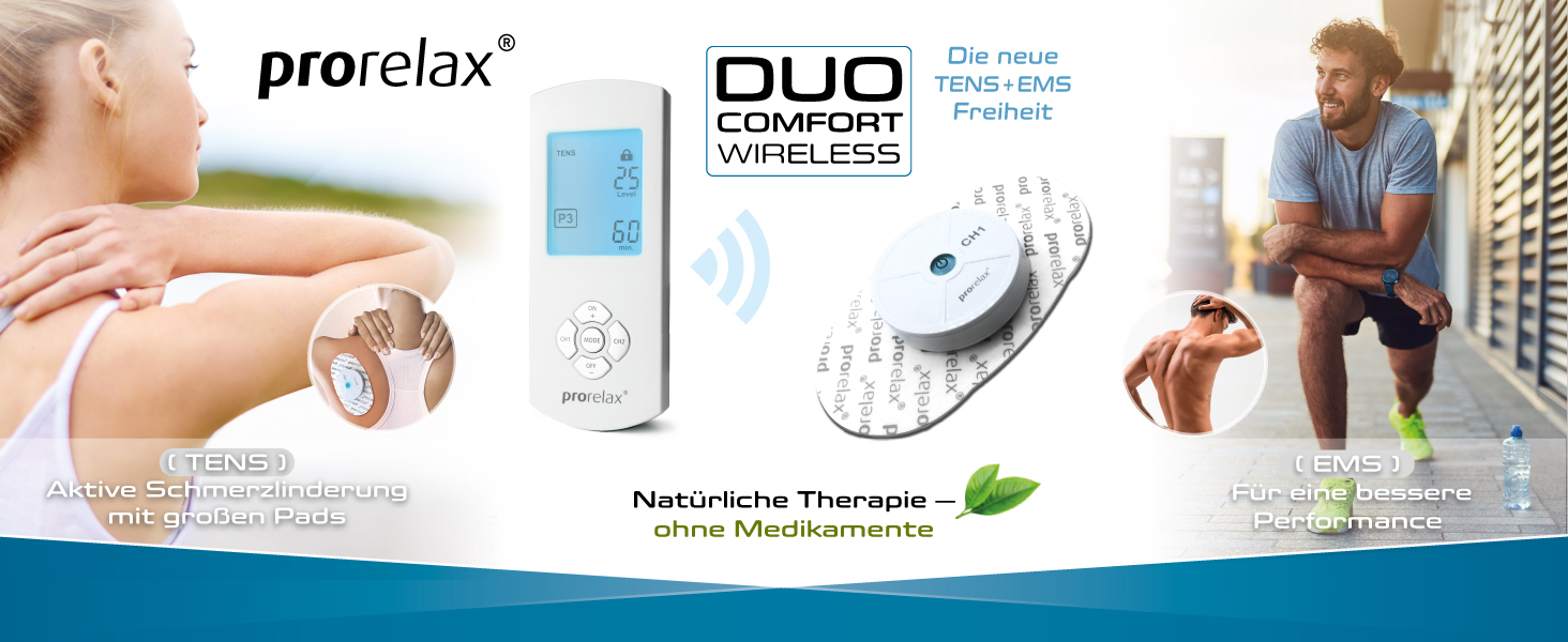 Prorelax TENS/EMS електrostimulator: 2 терапії в одному приладі для зняття болю та м'язового розвитку | Бездротовий комплект