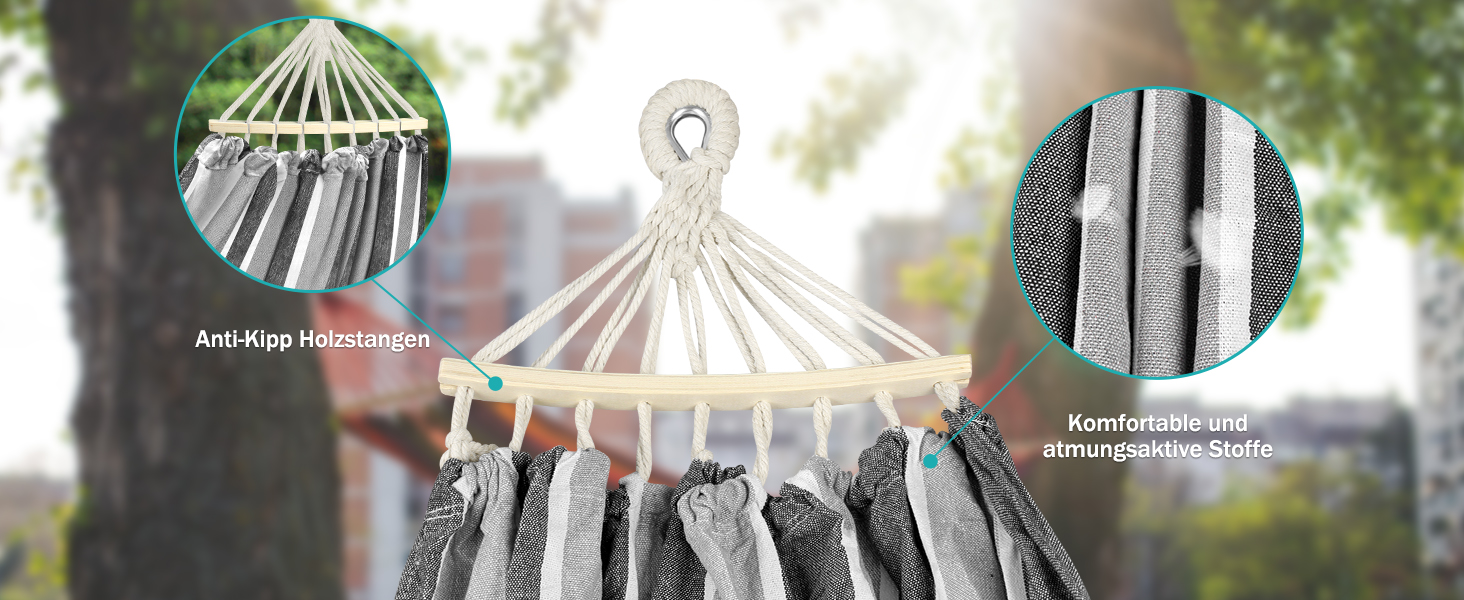 Гамак для відпочинку на відкритому повітрі: кемпінгу, балкону, тераси, саду. З дерев'яною перекладиною та сумкою для перенесення (сірий & білий)