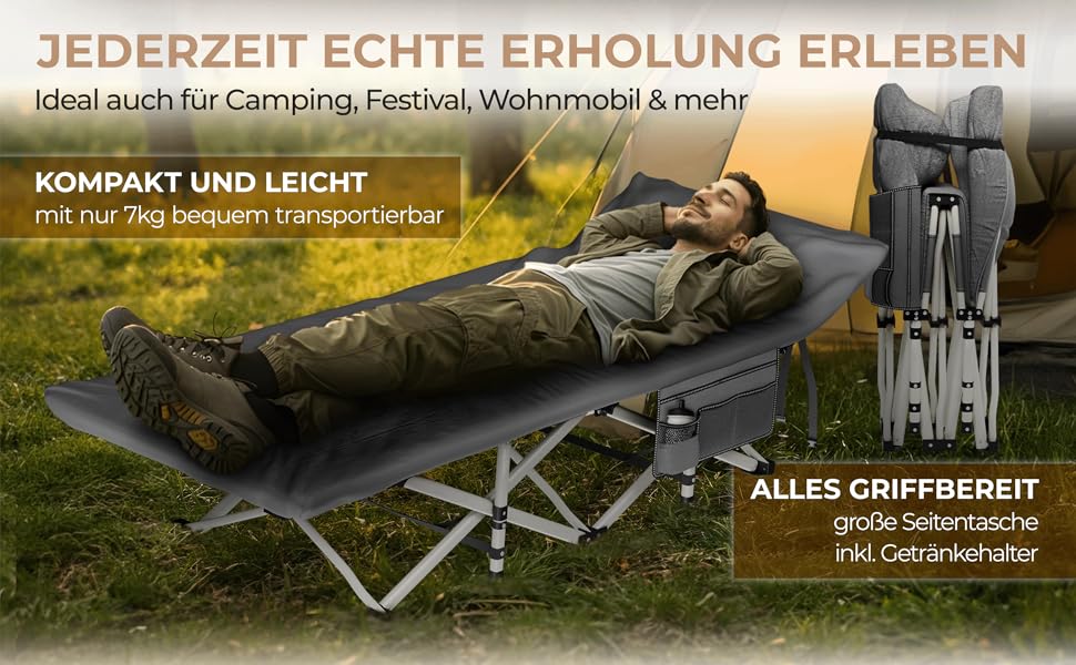 Розкладне ліжко Ananda Goods® для кемпінгу та гостей з матрацом – 190x70 см, карпове ліжко, туристичне ліжко, ліжко з бавовняно-льоновій матрац та простирадлом