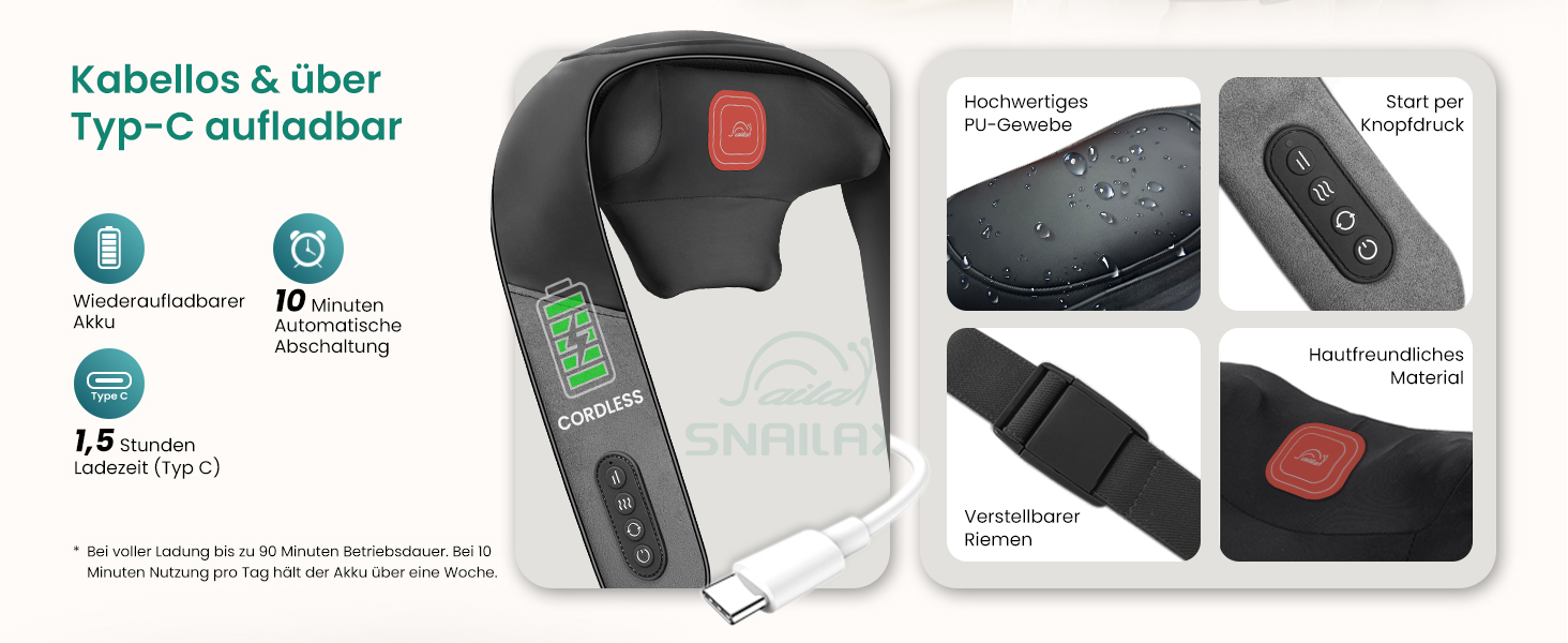 Масажер для шиї та спини Snailax Shiatsu бездротовий з підігрівом, 4D ролики, акумуляторний, USB-C, чорний