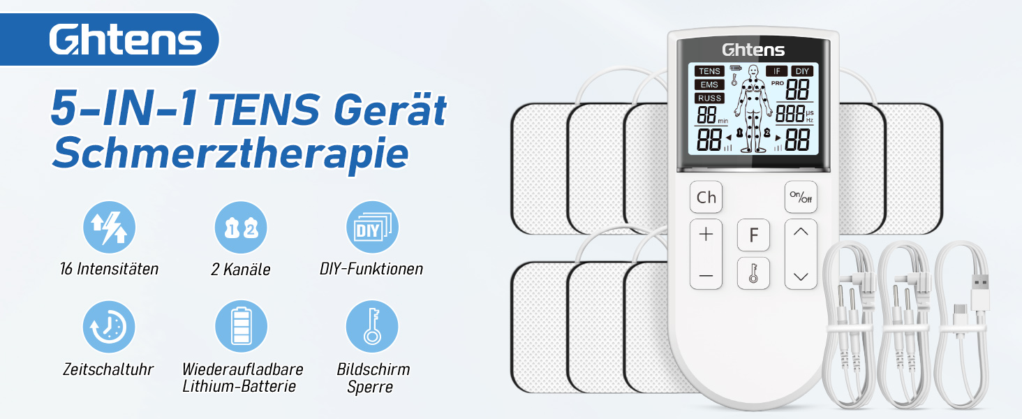 TENS пристрій для терапії болю, 5-в-1: TENS/EMS/IF/RUSS/DIY, для зняття болю, 80 програм масажу, 2 канали, 8 електродів, білий