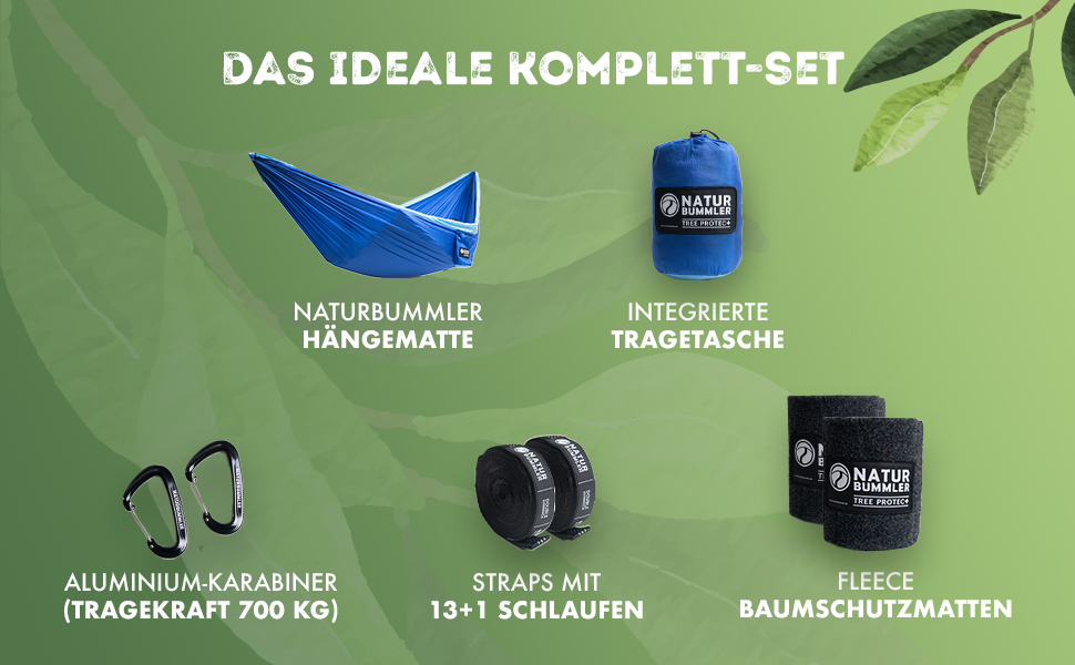 Гамак NATURBUMMLER® Outdoor з захистом дерев [Tree Protec+] – 300x170 см для 1-2 осіб – ультралегкий та стійкий до погодних умов – двошаровий гамак для кемпінгу, саду та відпочинку на природі (Натуральний зелений, Морська блакить)
