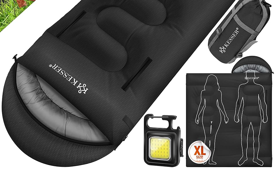 Сплячий мішок KESSER® Outdoor | Дека-сплячий мішок 3-4 сезони | Спальний мішок для дорослих та дітей | Легкий, теплий, водонепроникний | з ліхтариком та кишенькою, чорний, 220 x 83 см