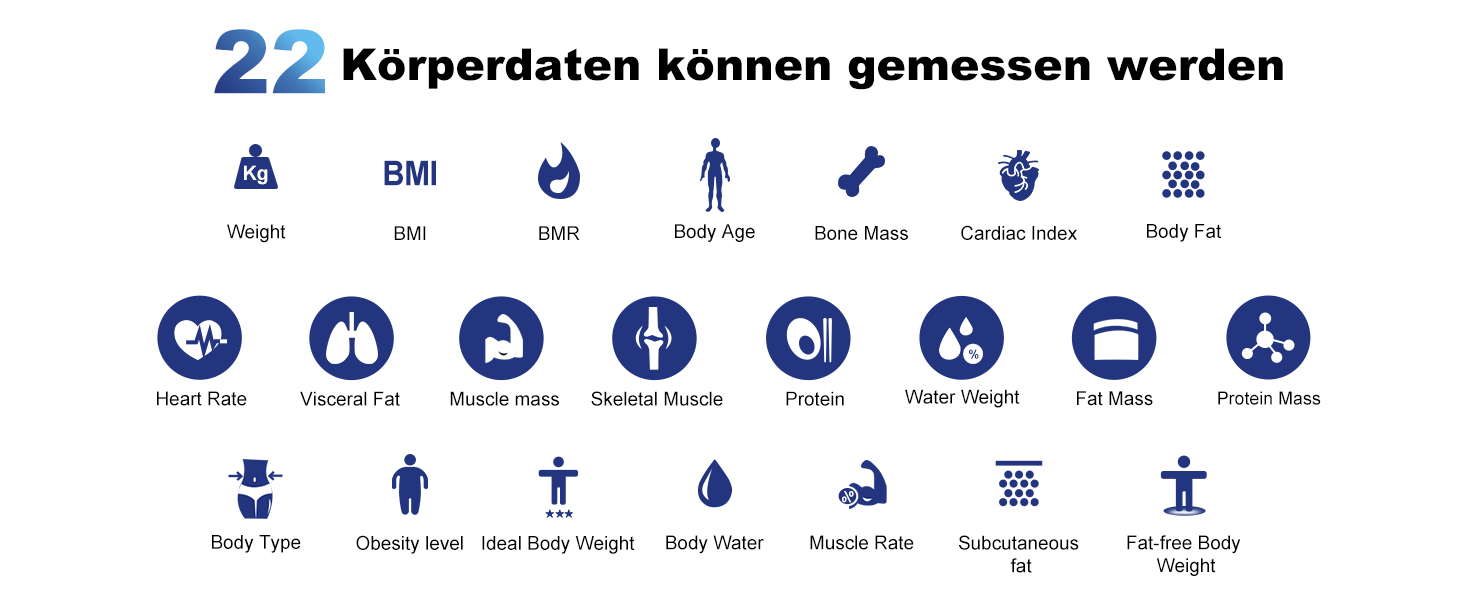 Шкала жиру в організмі з великим дисплеєм, надточна шкала з жировими відкладеннями та м'язовою масою, вага для ванної кімнати з аналізом жиру в організмі, шкала для людей з 22 показаннями, частота серцевих скорочень, ІМТ, шкала складу тіла синій