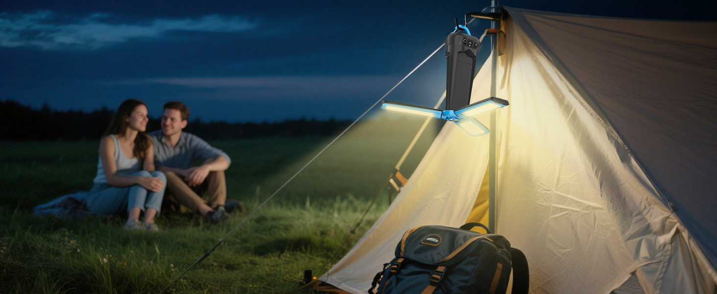 Портативна LED кемпінгова лампа 15000mAh з регулюванням яскравості, штативом, IP65, для кемпінгу, подорожей, будівництва та надзвичайних ситуацій, блакитна