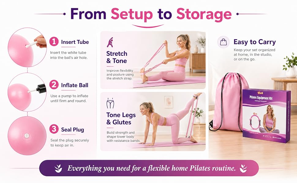 Pilates Ring 12-в-1: Набір для пілатесу з м'ячем, гумовими стрічками, дисками для ковзання, шкарпетками та сумкою, Рожевий