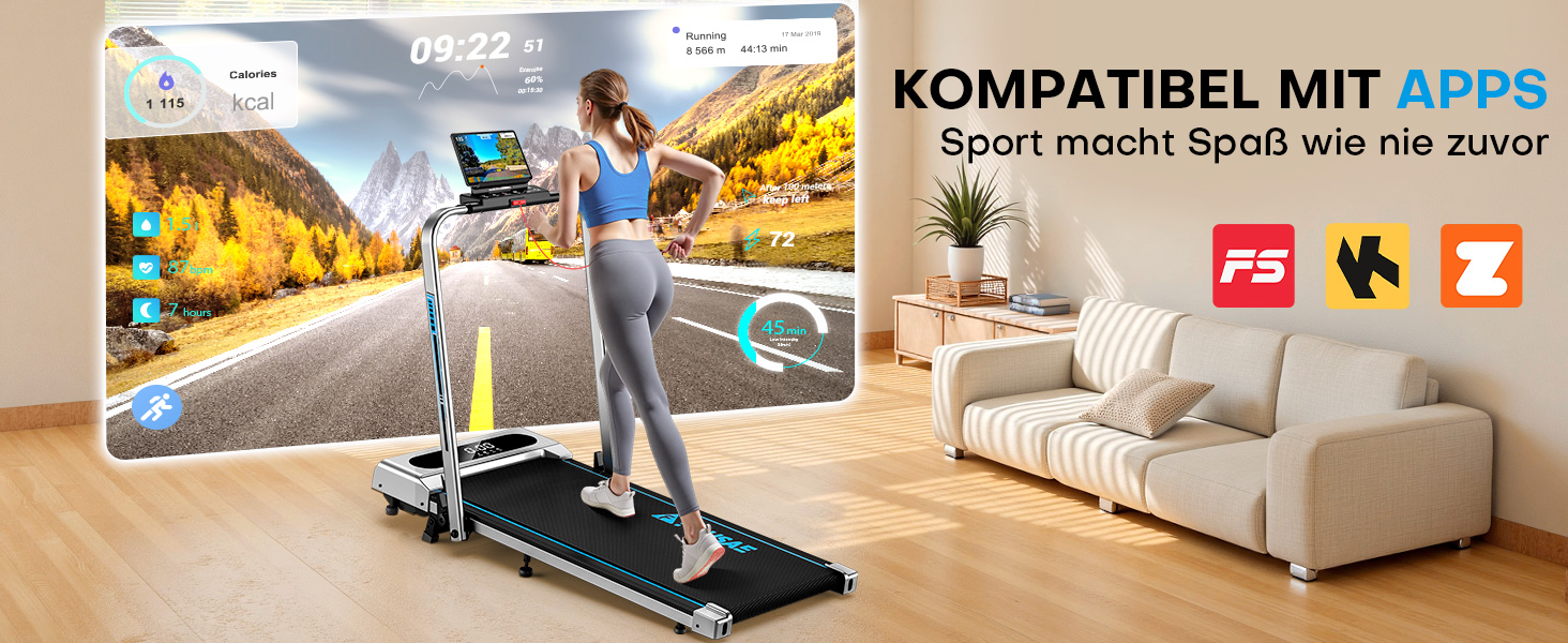 Біговий тренажер для дому 5-в-1, складаний, з регулюванням нахилу до 9%, потужність 2.75HP, LED-дисплей, сумісність з додатком, 12 програм, срібно-блакитний, 12 км/год