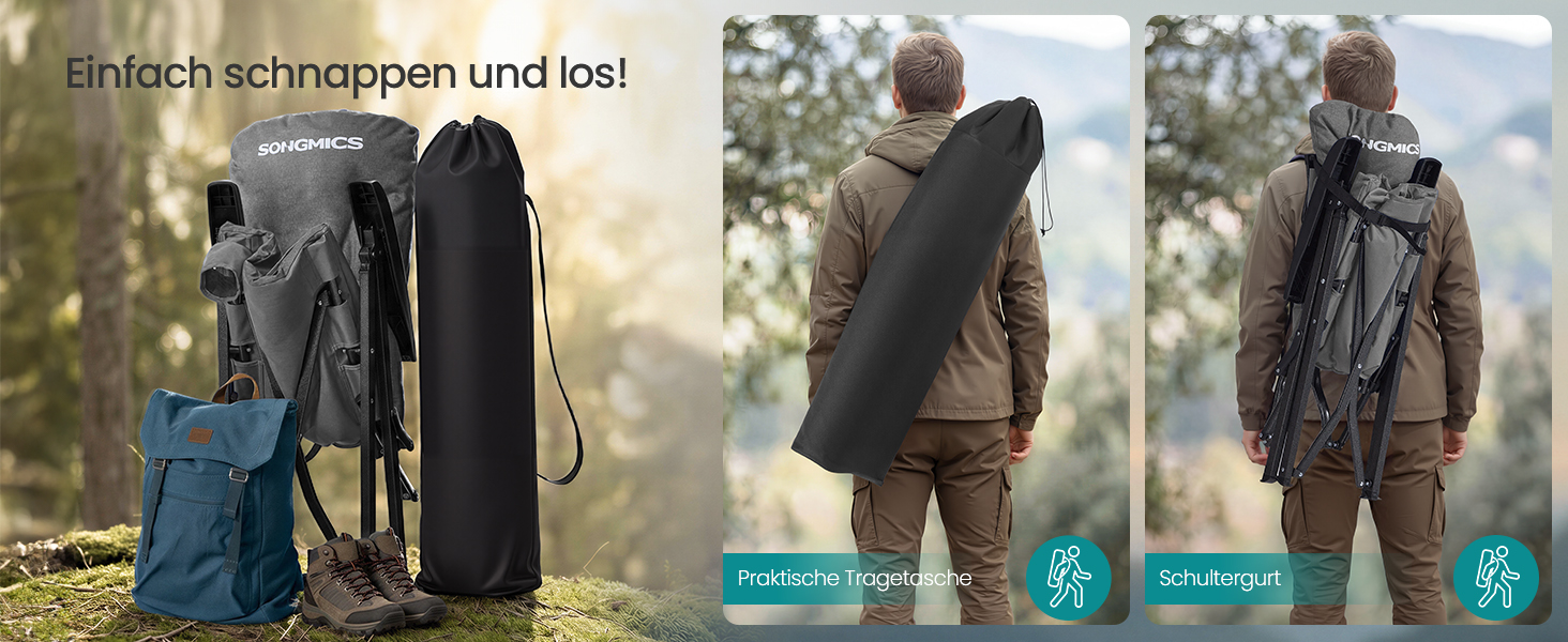 Складаний туристичний стілець SONGMICS для відпочинку та риболовлі, сірий, з регульованою спинкою та кишенями