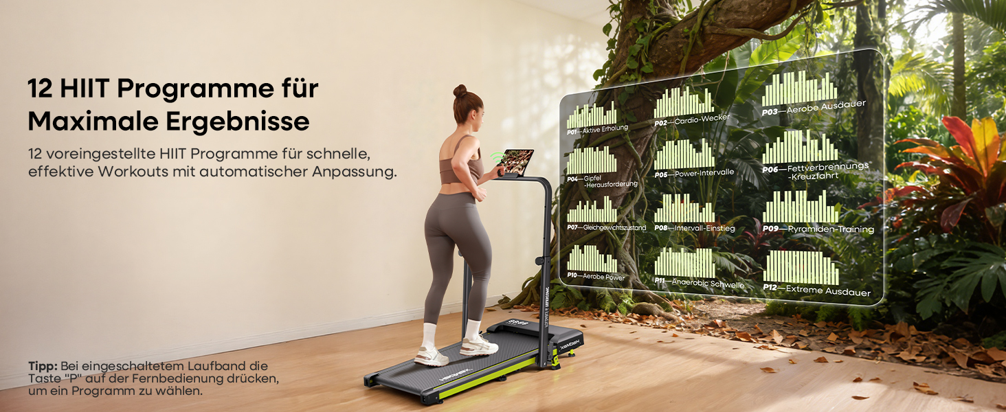 Бігова доріжка Walking Pad з нахилом 10%, 3.0 к.с., складна, для дому з магнітним пультом, LED-дисплеєм, висувними поручнями, 12 програм HIIT, до 136 кг, зелена