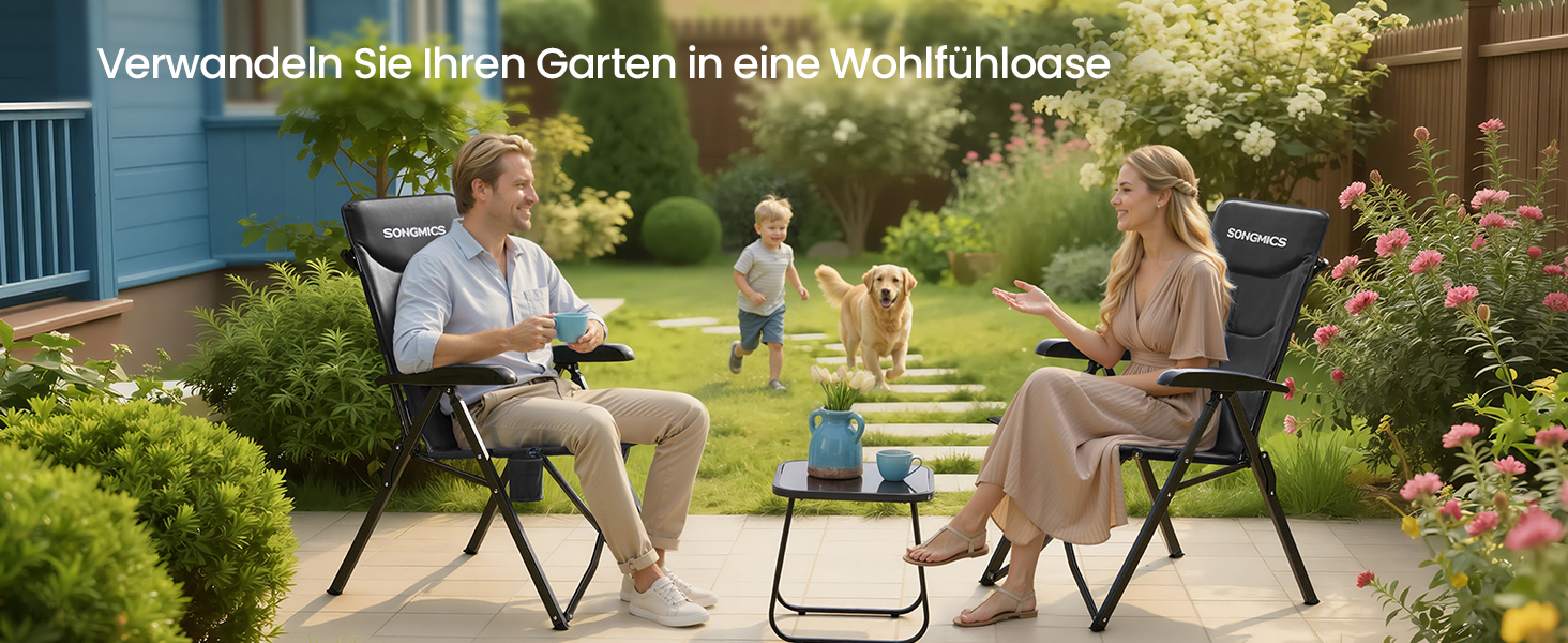 Складний туристичний стілець SONGMICS для відпочинку, риболовлі та кемпінгу, чорний, з регульованою спинкою 95°-150°