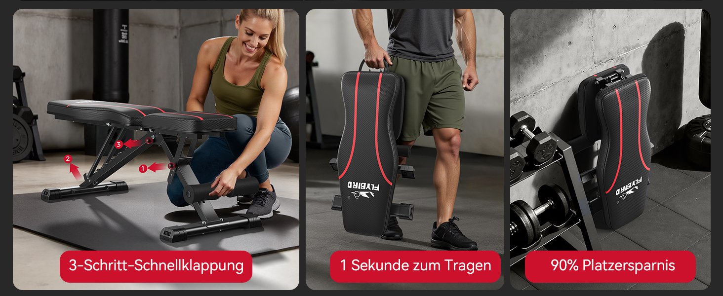 Регульована лавка для тренувань FLYBIRD з 8 положеннями спинки та 3 положеннями підніжки, вантажопідйомність до 318 кг, складана, чорно-червона