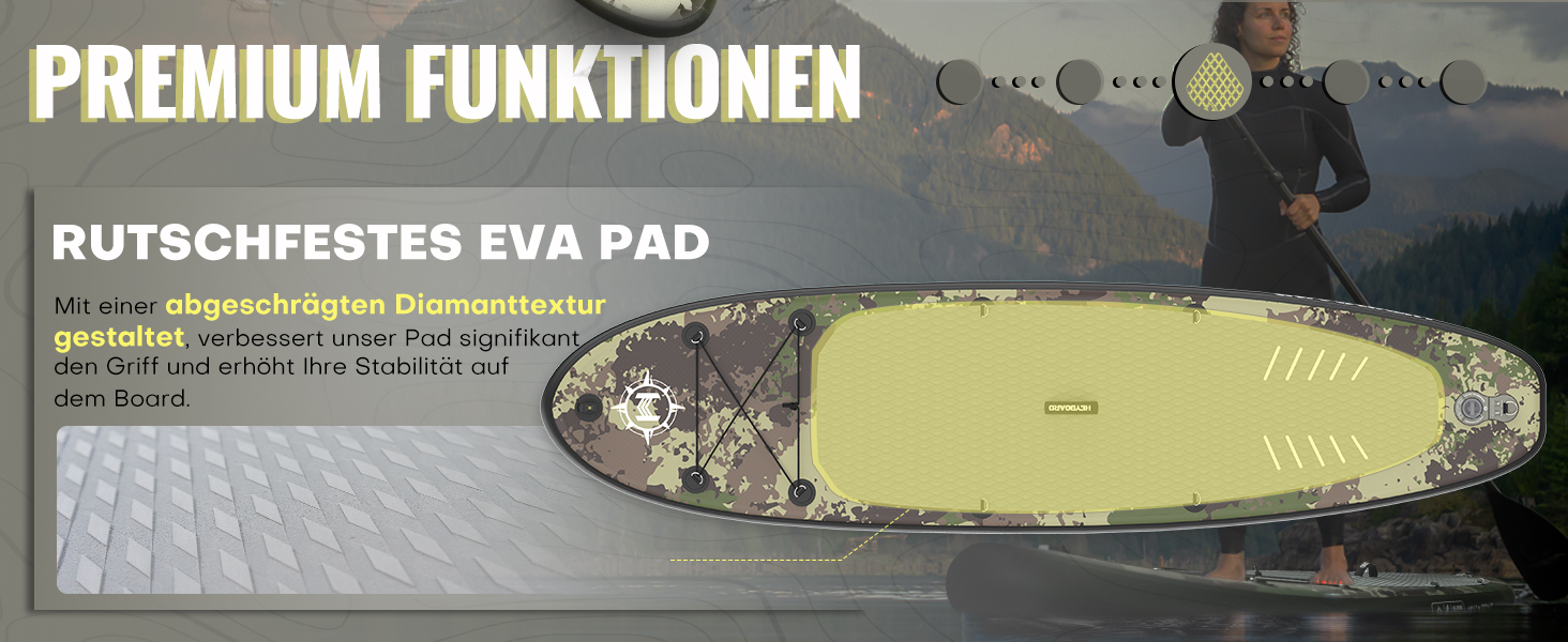 Надувна SUP-дошка HEYBOARD для веслування стоячи, комплект: насос, рюкзак, скловолоконне весло, страхувальний шнур, для водних видів спорту