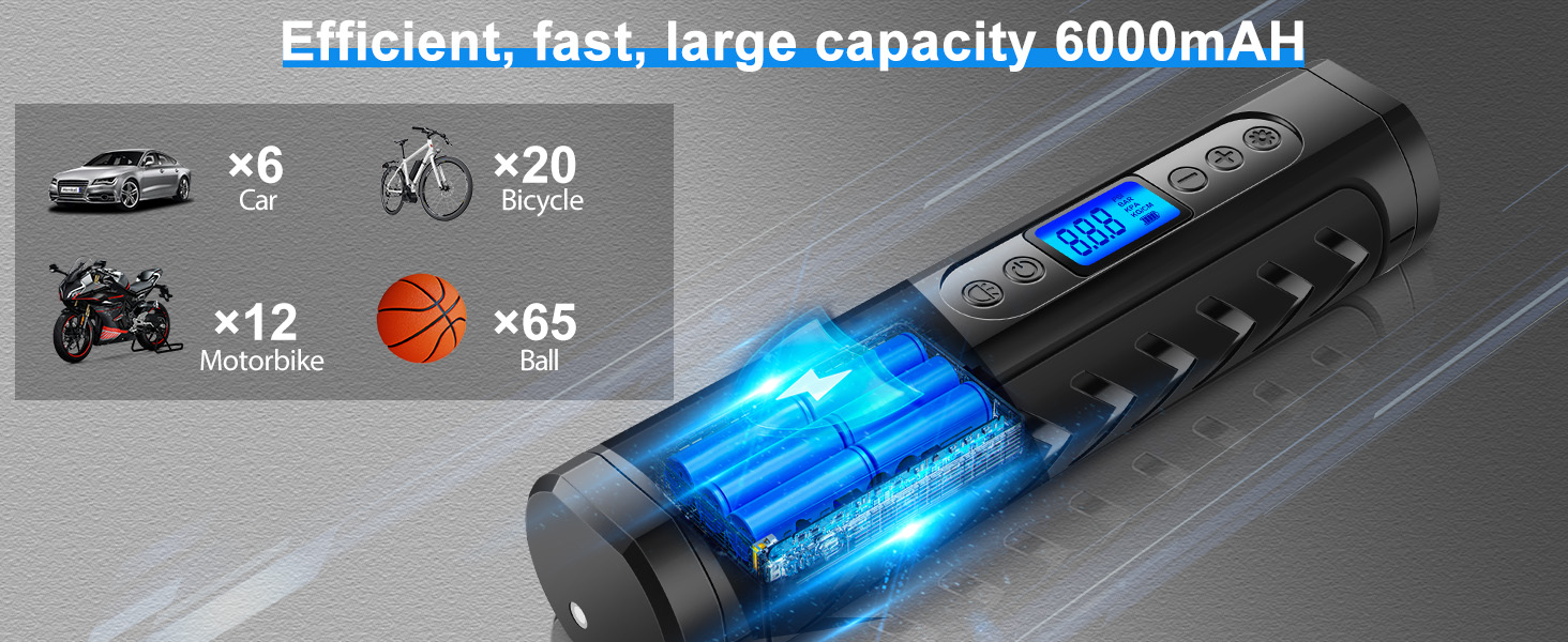Електричний насос для велосипеда NWOUIIAY 6000 mAh з цифровим дисплеєм, 150 PSI, USB зарядка, для велосипедів, авто, мото, м'ячів. Чорний