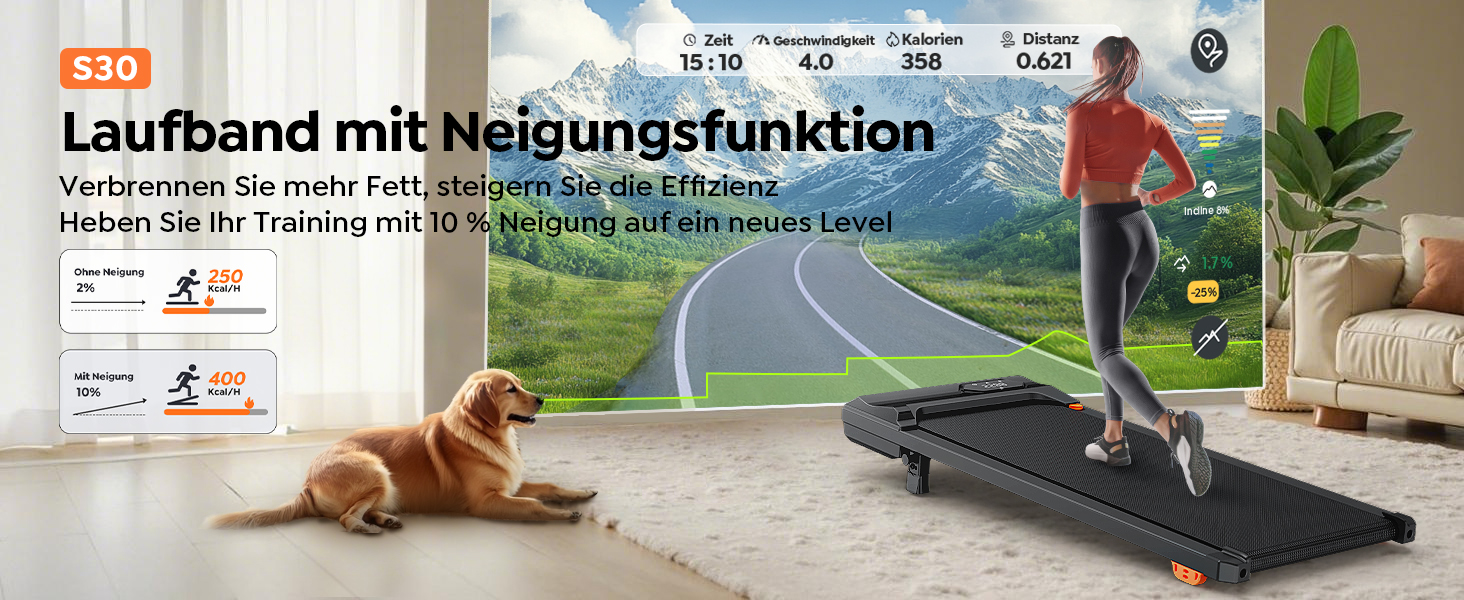 Бігова доріжка для дому, Walking Pad з нахилом до 10%, швидкість 1-6 км/год, тихий 2.5HP мотор, керування через додаток, LED-дисплей, вантажопідйомність до 130 кг, компактний, потрійна амортизація, бігова доріжка для дому/офісу, жовтий
