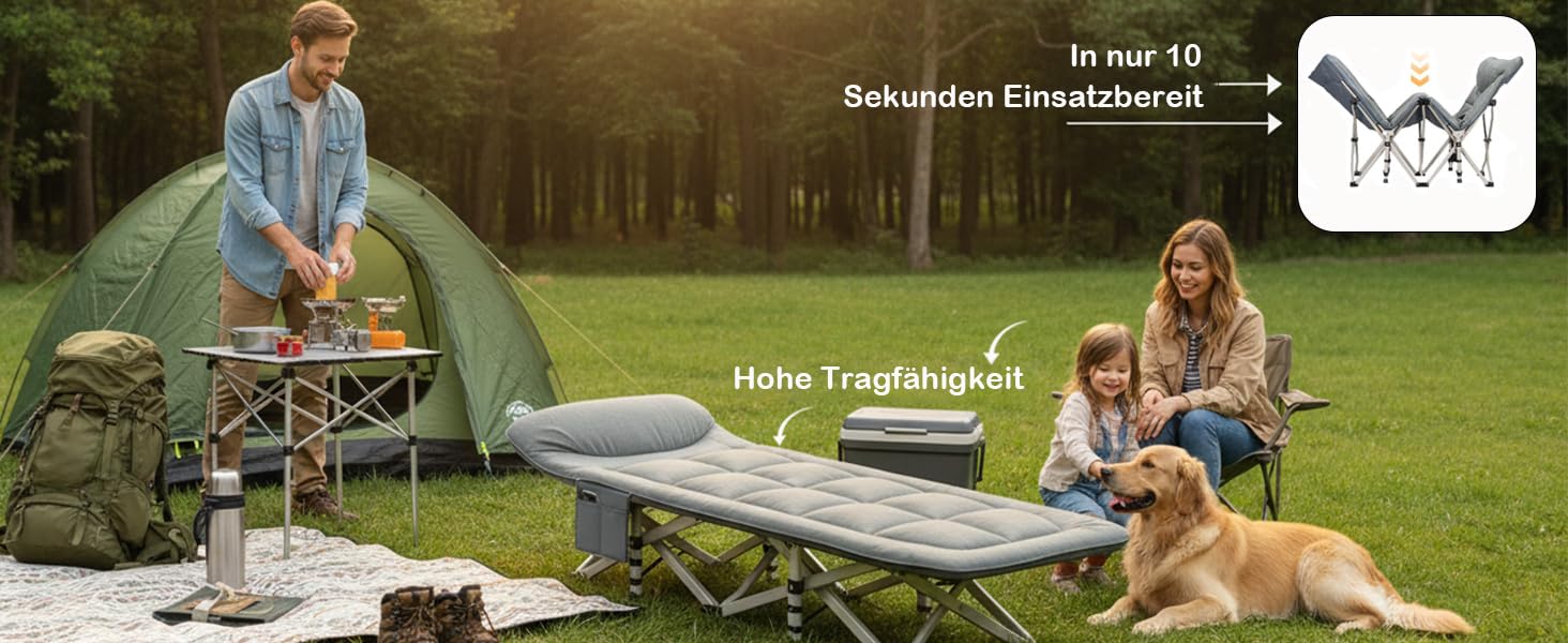 Кемпінгове ліжко Caliyo, розкладне, для відпочинку та гостей, 190x68x40 см, з сумкою для зберігання, сірого кольору