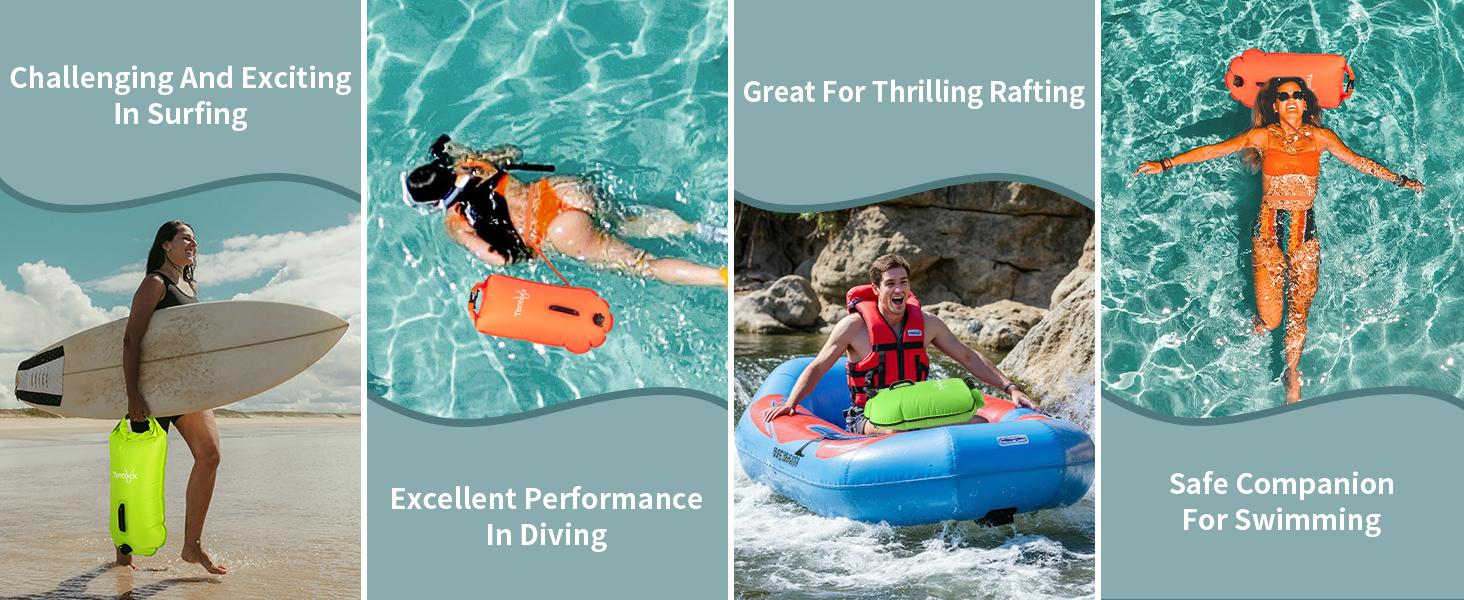 Tentock Плавуча сумка 28L, водонепроникна, надувна, для плавання та водного спорту. Безпечний плавучий засіб для триатлонів, каякінгу та снорклінгу. Колір: яскраво-зелений.