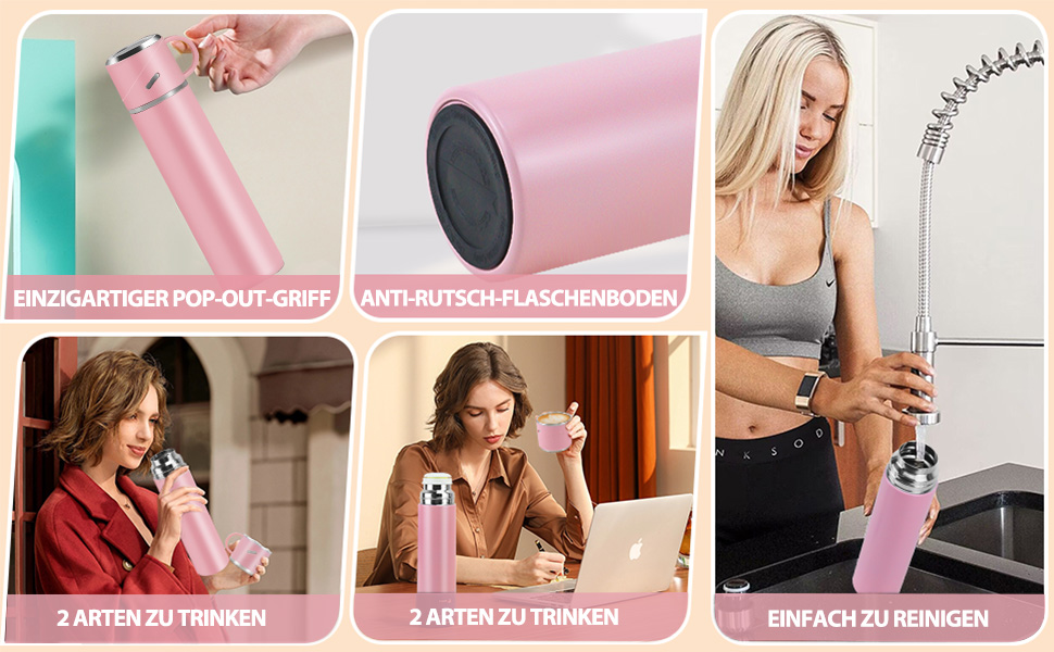 Термос IAGORYUE з нержавіючої сталі, 0,55 л, з герметичним кришкою та ручкою, подвійні стінки, зберігає тепло/холод до 12 годин, для спорту, офісу, відпочинку на природі (Рожевий)