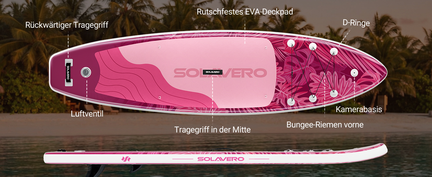 SUP дошка Solavero надувна з комплектом, 323x83x15 см, до 200 кг, рожевий джунглі - для початківців та сімей