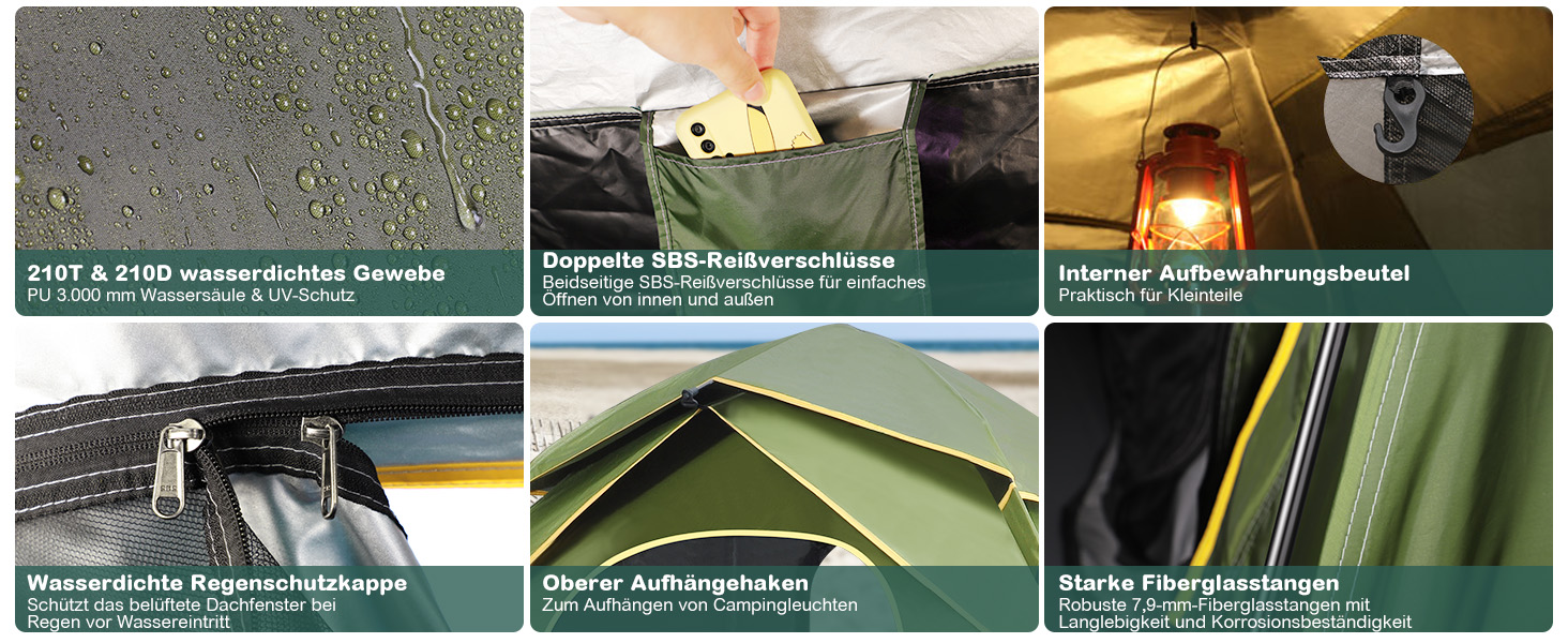 Намет для кемпінгу Jaztral 3-4 особи, автоматичний, куполоподібний, водонепроникний, вітростійкий, 3-4 сезонний, для сім'ї, трекінгу та кемпінгу, колір: зелений