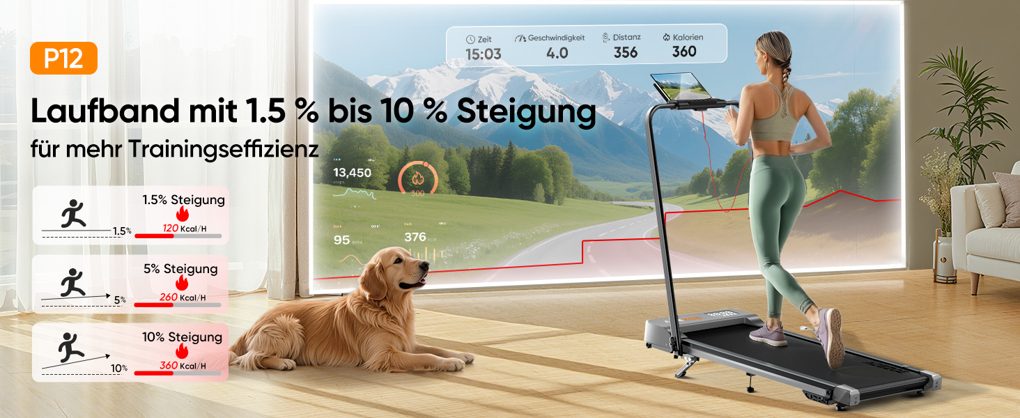 Біговий тренажер 6 в 1 для дому, складний, з регулюванням нахилу 10% та ручками. Макс. вантажність 135 кг, LED-дисплей, пульт дистанційного керування та додаток. Чорний та сірий.