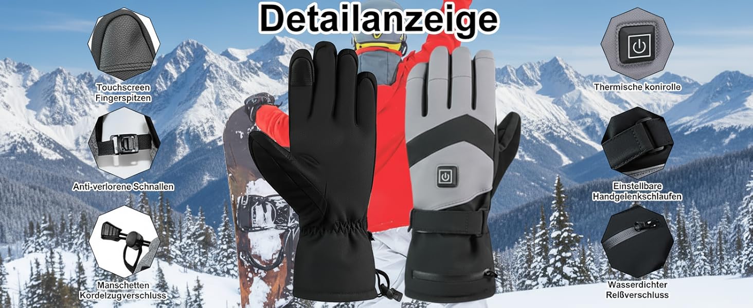Гріючі рукавички 7.4V 3000mAh для жінок та чоловіків, водонепроникні, вітронепроникні, з підтримкою сенсорного екрану, для мотоциклів, катання на снігоходах, туризму та кемпінгу, чорні, XL