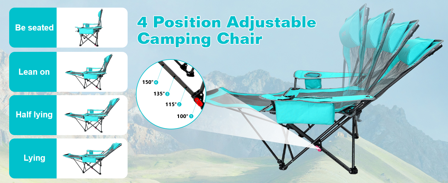 Крісло для кемпінгу Poeopore складне з підставкою для ніг, 4-х секційне, для відпочинку на пляжі та риболовлі, витримує до 120 кг, з кишенькою-холодильником, подушкою та тримачем для напоїв, блакитне