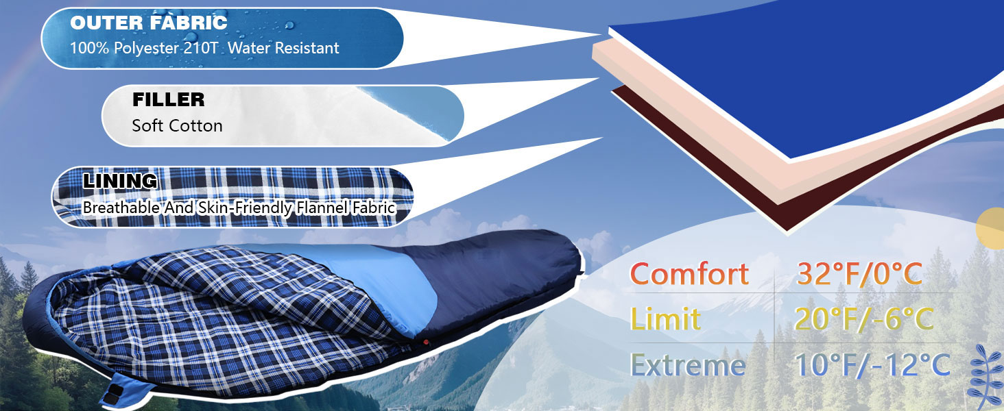 Спальний мішок WKFAMOUT Mumienschlafsack Outdoor -12°C-0°C [500GSM] з фланелі для кемпінгу та подорожей. Підходить для дорослих та дітей. Зручний, теплий, машинне прання.