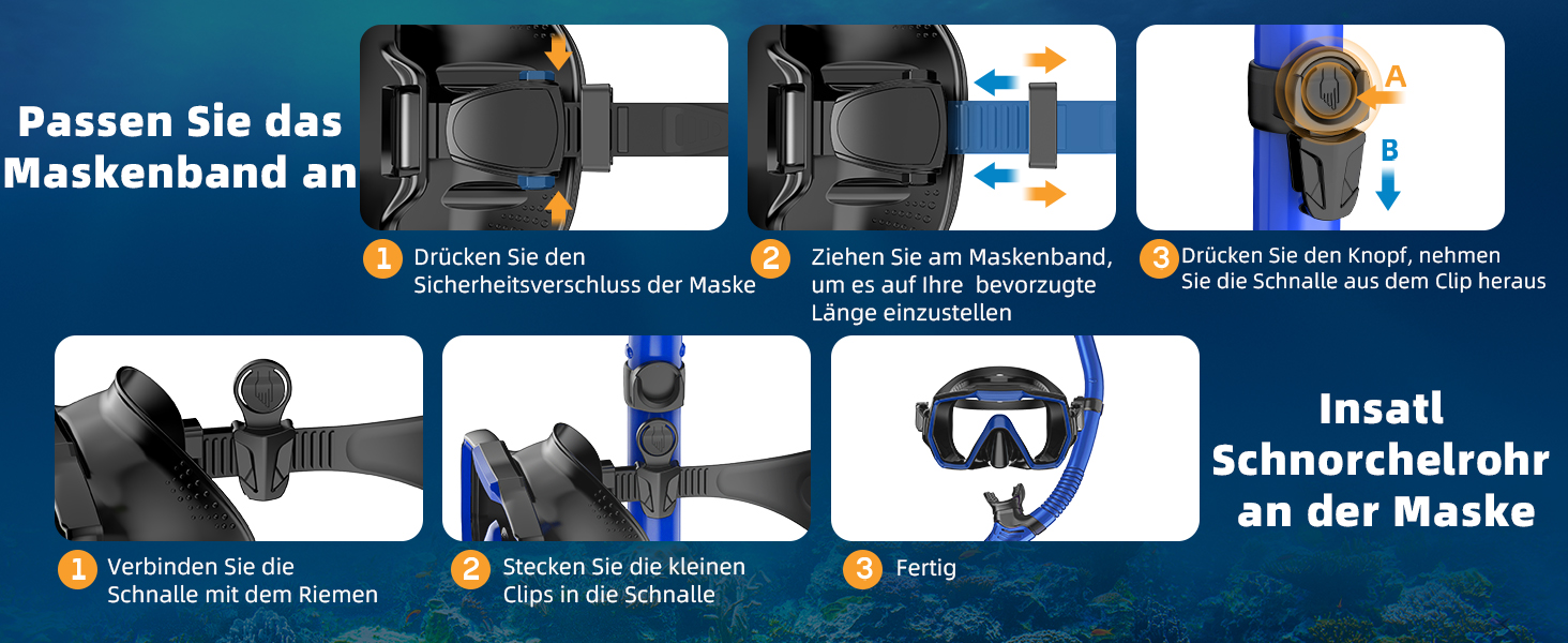 Набір для снорклінгу для дорослих: маска, трубка, регулятор, блакитний колір