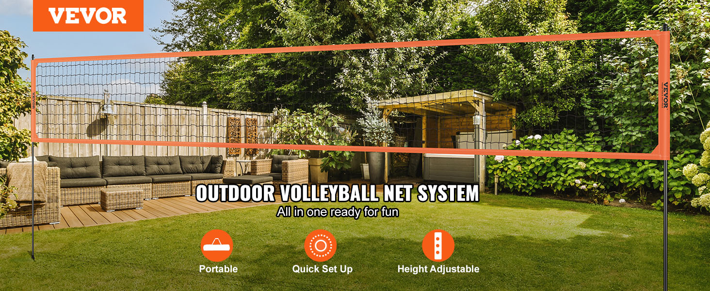 VEVOR Регульоване волейбольне сітка, комплект 9,7 x 2,4 м, портативне пляжне волейбольне сітка, оранжевий колір, складане волейбольне сітка з сумкою, для саду та пляжу