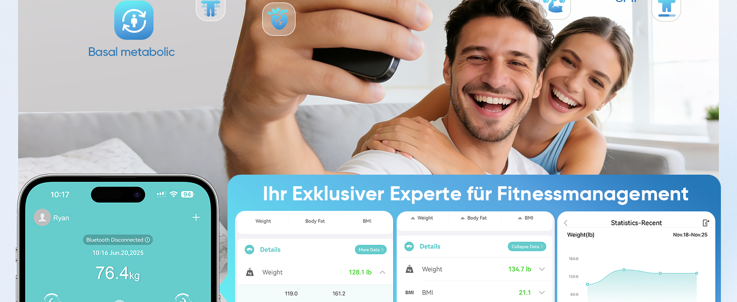 Вага для вимірювання жиру тіла з 8 електродами, персональна вага з Bluetooth, аналіз складу тіла, дисплей, 180 кг, BMI, протеїн, BMR, чорно-зелений