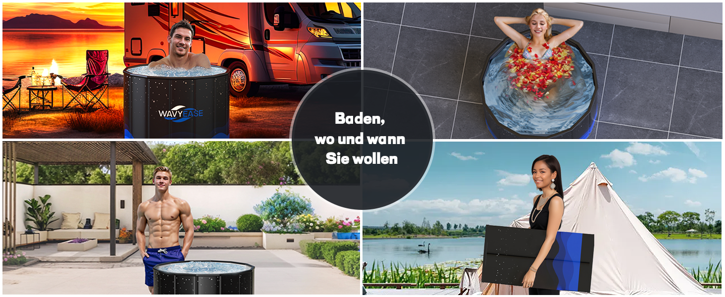 Портативна складана ванна для дорослих (80x66 см) - для відпочинку, душу, SPA, крижаного душу для спортсменів (чорний)