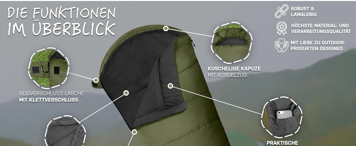 Сплячий мішок NORDBÄR® 3 сезони/літо, ультралегкий [750г/1500г] | Спальний мішок-кокон для кемпінгу | Компактний | Для подорожей, туризму, гірських хат | Літній спальний мішок, зелений (оливковий)