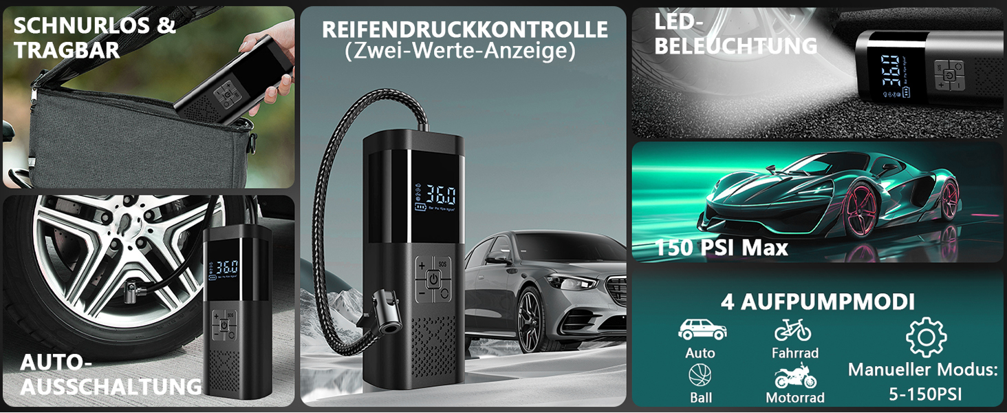 Електричний компресор для шин SERVOMASTER: велосипед, авто, мото, м'ячі. Акумуляторний, 150 PSI, з усіма насадками.