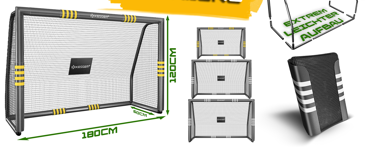 Ворота для футболу KESSER® для саду: міцні, для тренувань на вулиці, з UV-стійкою сіткою, сталевий каркас з покриттям, земляні кілки, насос, фішки, аксесуари для монтажу (240см, антрацит)