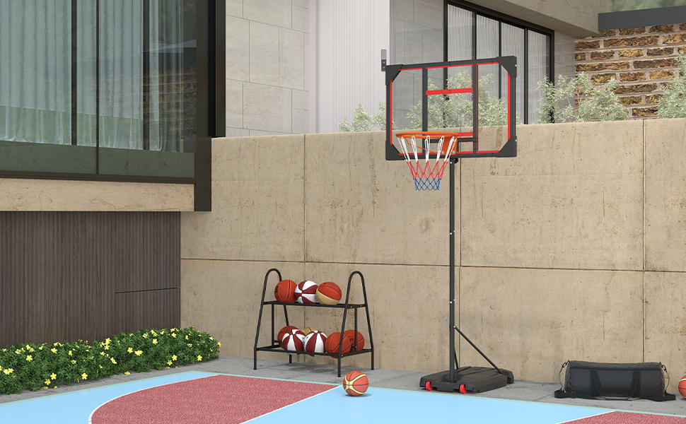 Баскетбольний кошик AIYAPLAY вуличний дитячий з регульованою висотою 210-260 см на колесах, червоний