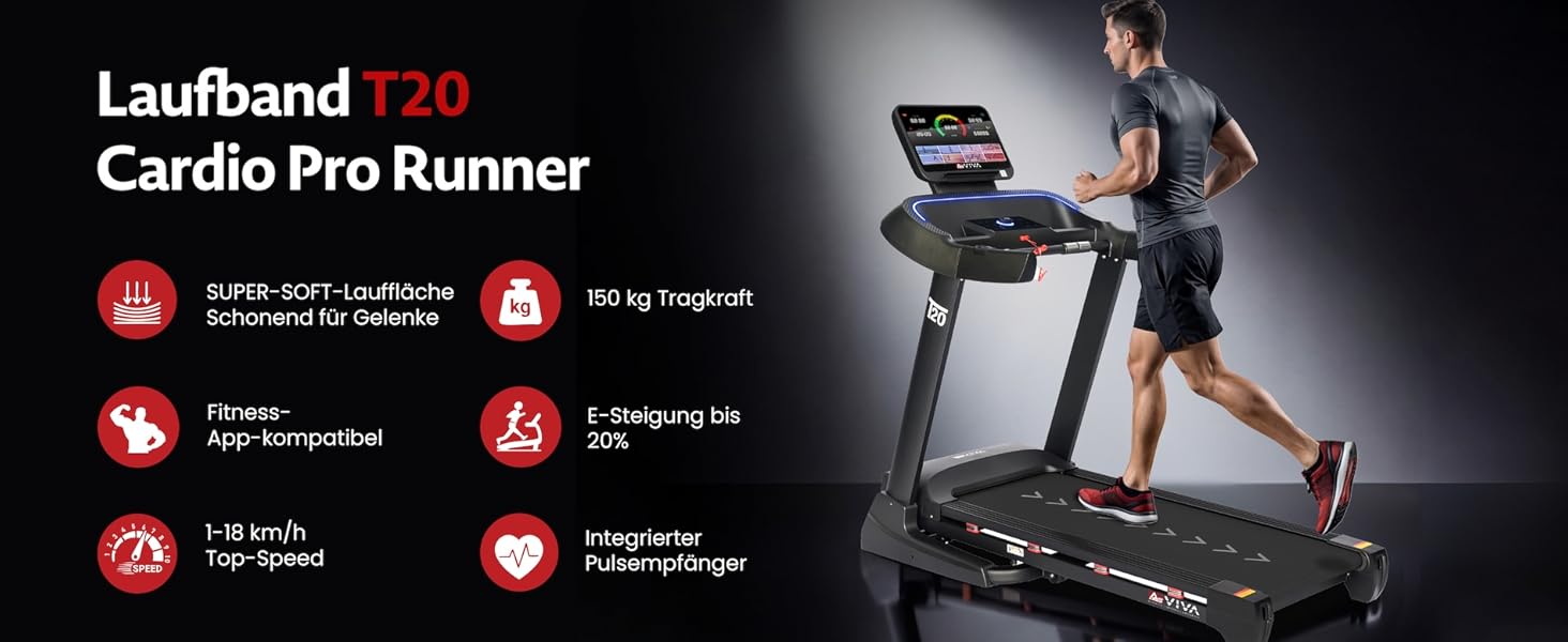 Бігова доріжка AsVIVA T20 Pro для дому: складана, швидкість до 18 км/год, нахил 20%, амортизація, макс. вага 150 кг, тренажер для кардіо та витривалості