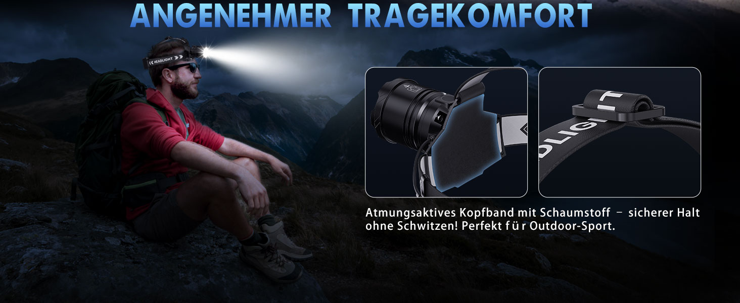 LED налобний ліхтар перезарядна суперяскравий 100000 люмен, кут огляду 90°, водонепроникний IPX7 для кемпінгу та активного відпочинку