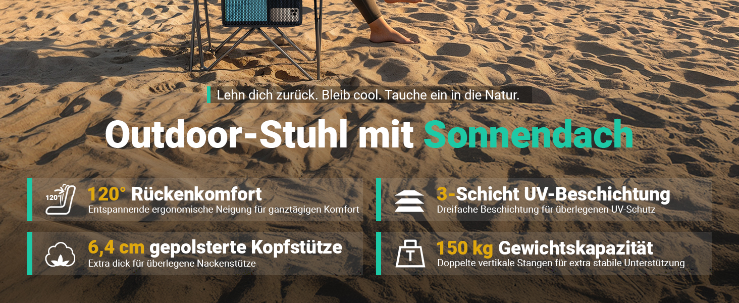 Крісло для кемпінгу OVERMONT складне з сонцезахисним дахом - пляжне крісло, складне з тримачем для напоїв та сумкою-холодильником - шезлонг з дахом для відпочинку на природі, риболовлі, саду (Blaugrau)