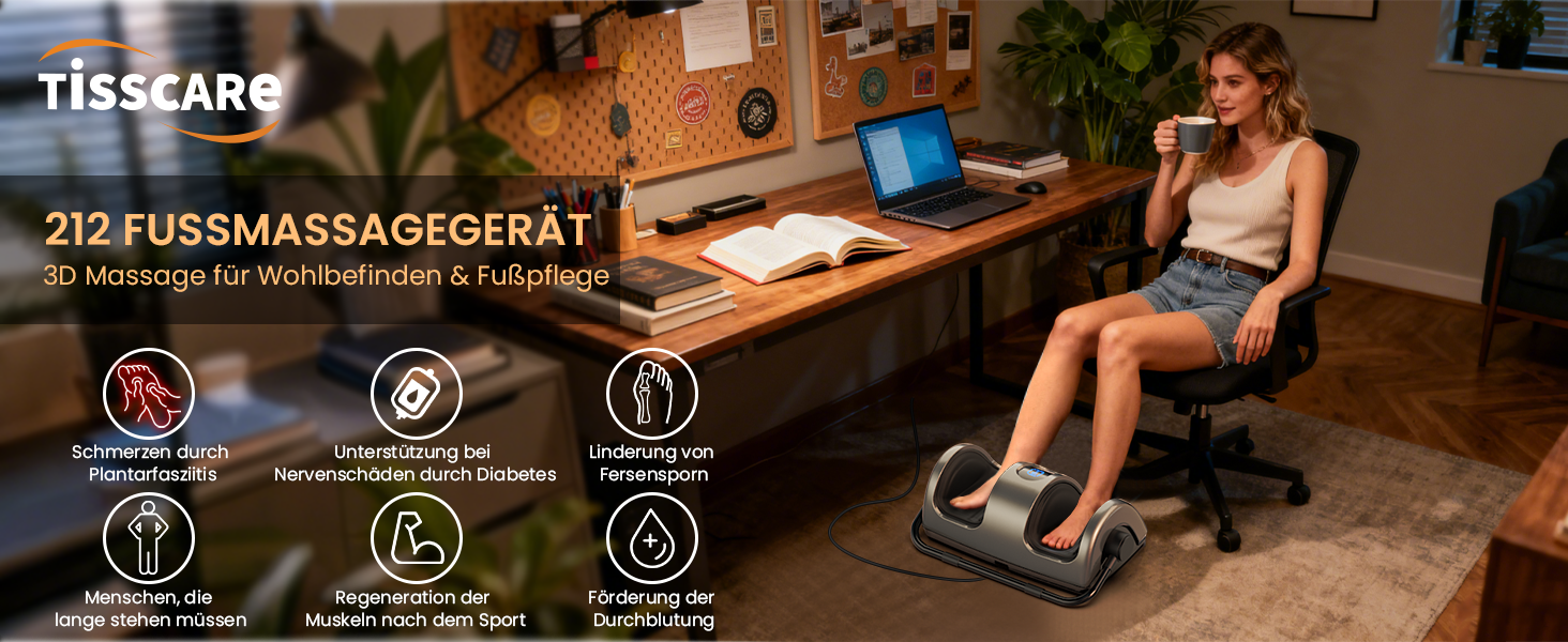 Електричний масажер для ніг TISSCARE з функцією шиацу, нагрівом, розминанням, роликами та натисканням. 360° регульована ручка. Для зняття болю, подарунок для жінок та чоловіків. Колір: сірий.