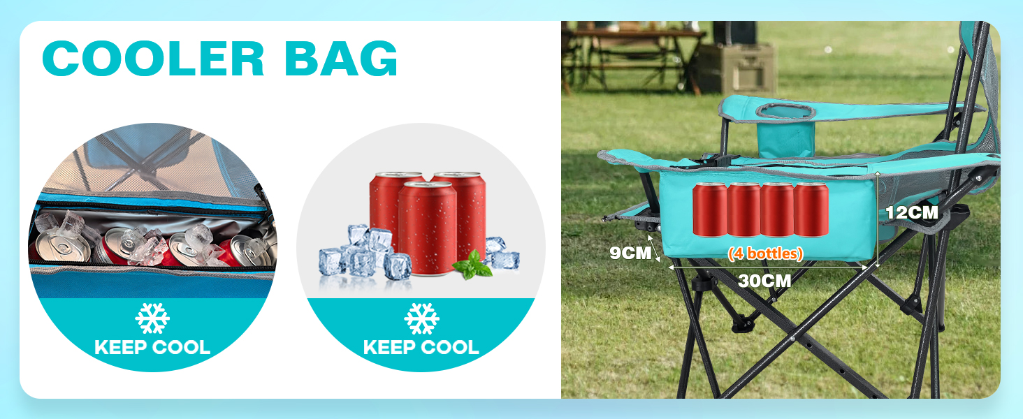 Крісло для кемпінгу Poeopore складне з підставкою для ніг, 4-х секційне, для відпочинку на пляжі та риболовлі, витримує до 120 кг, з кишенькою-холодильником, подушкою та тримачем для напоїв, блакитне