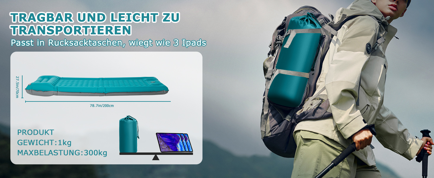 Надувний килимок для кемпінгу Haksimey Isomatte: самонадувний, 72x200 см, 12 см товщина, з подушкою та насосом. Ідеально для відпочинку на природі, в походах, на пляжі та в наметі.