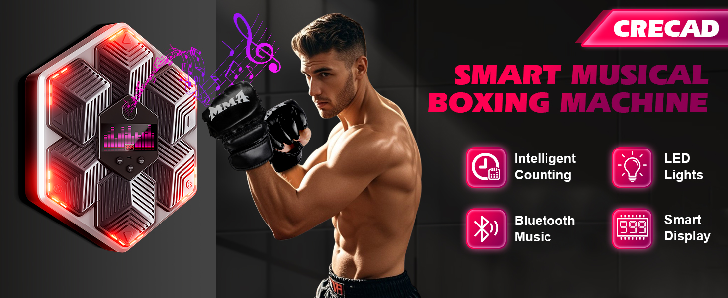 Музична боксерська машина для дорослих - 16 швидкостей, 14 режимів, Bluetooth, LED-підсвічування, з підрахунком ударів
