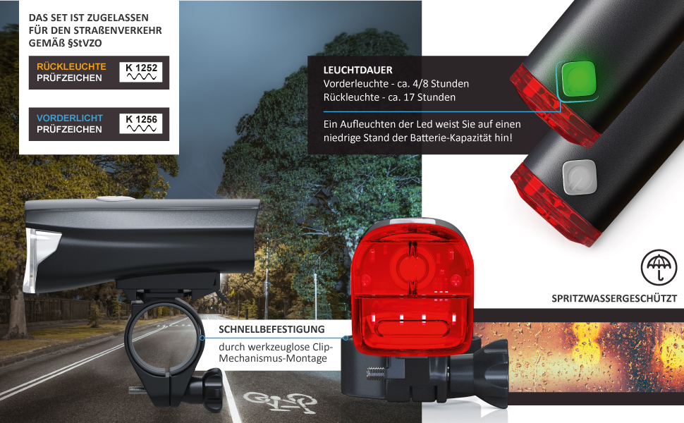 Велосипедні ліхтарі CSL LED - комплект (передній та задній) - сертифіковано StVZO - 30 Lux, чорний