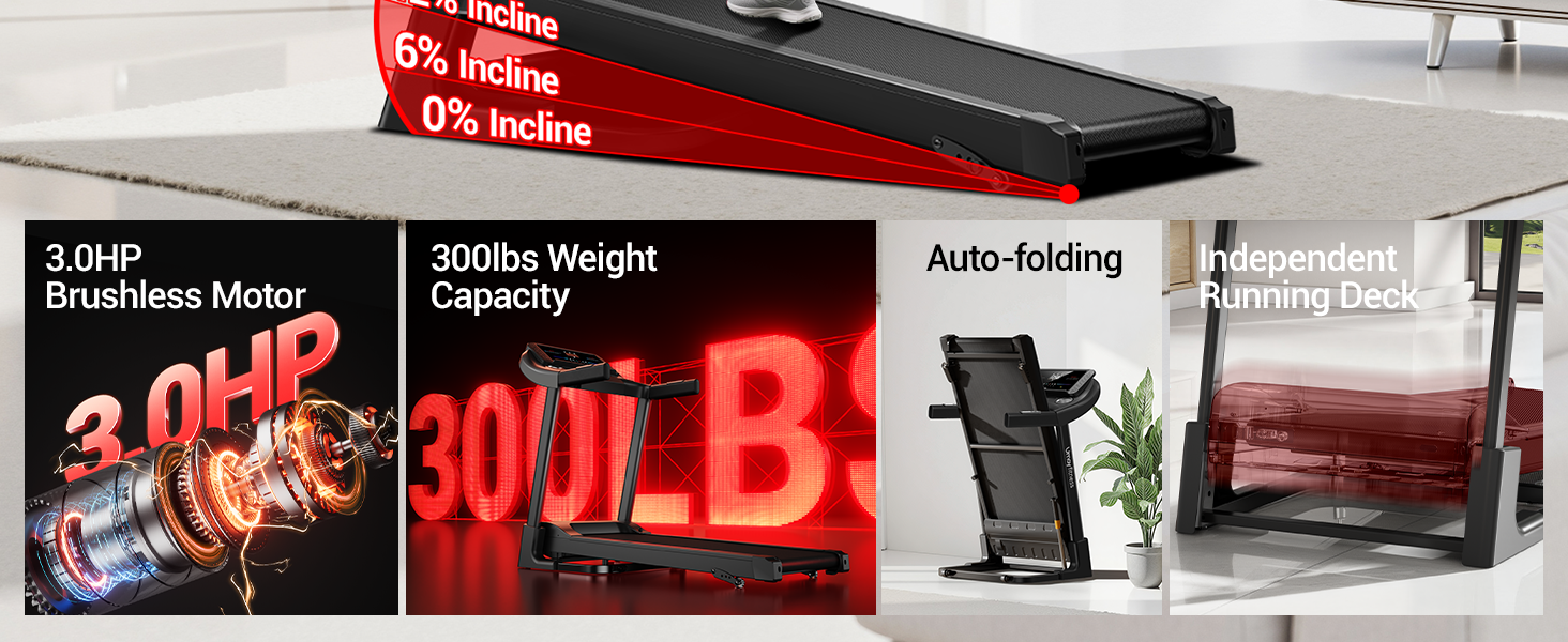 Біговий тренажер UMAY з нахилом 14 км/год, складаний для дому з мотором 3.0 PS та 3 рівнями нахилу, 12 програм тренувань, максимальне навантаження 136 кг, нахил 15%